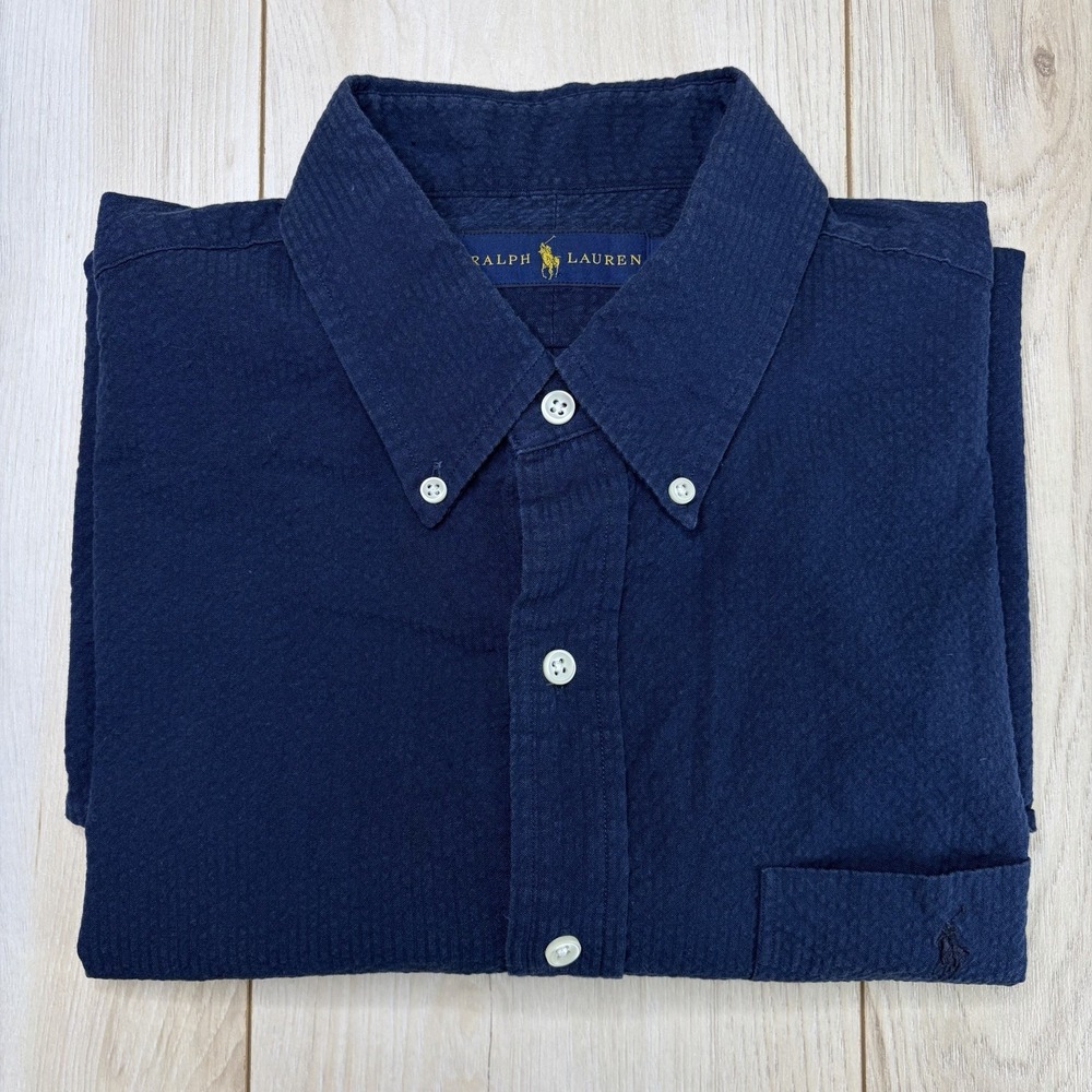 Ralph Lauren Seersucker Shirt Mens Large Navy Blue Short Sleeve Blue Pony